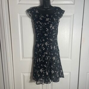 Ann Taylor Petite 4P Floral Silk Dress Black White Floral Cap Sleeve Whimsigoth